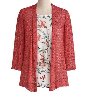 - Coral Crochet Lace Openwork Cardigan Flo Layering Sweater Southern Lady Sz 1X